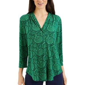 Charter Club Green Paisley Pleated Women Tunic Size P L V Neck 3/4 Sleeve